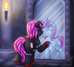 Size: 1666x1500 | Tagged: safe, artist:vavacung, edit, imported from derpibooru, oc, oc only, oc:midnight moon, pony, unicorn, vampony, broken horn, female, filly, mirror, reflection, solo