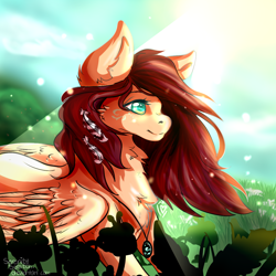 Size: 1250x1250 | Tagged: safe, artist:serenity, imported from derpibooru, oc, oc only, pegasus, pony, amulet, blue eyes, feather, female, flower, flowing mane, fluffy, mare, pretty, solo