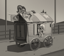 Size: 800x700 | Tagged: safe, artist:rodrigues404, imported from derpibooru, starlight glimmer, trixie, pony, unicorn, cute, diatrixes, duo, duo female, eyes closed, female, floppy ears, glimmerbetes, grayscale, leaning, mare, monochrome, prone, resting, sleeping, smiling, trixie's wagon