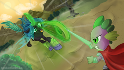 Size: 1560x880 | Tagged: safe, artist:ogron, imported from derpibooru, queen chrysalis, spike, disc, fight, guardians of harmony, magic, perspective, toy interpretation
