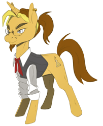 Size: 878x1080 | Tagged: artist needed, safe, imported from derpibooru, oc, oc only, oc:golden flask, pony, unicorn, 2017 community collab, derpibooru community collaboration, ascot, beard, clothes, ear piercing, earring, facial hair, glasses, jewelry, male, piercing, ponytail, simple background, solo, transparent background, vest