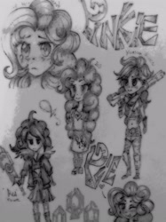 Size: 1936x2592 | Tagged: safe, artist:rirepink, imported from derpibooru, pinkie pie, black and white, cutie mark, grayscale, kinessa, kinessa (paladins), monochrome, paladins, paladins: champions of the realm, red (transistor), sad, sketch, traditional art, transistor, transistor (game)