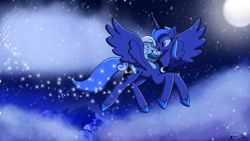 Size: 1920x1080 | Tagged: safe, artist:egstudios93, imported from derpibooru, princess luna, oc, oc:snowdrop, flying, night, s1 luna, snow, snowfall