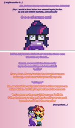 Size: 504x857 | Tagged: safe, artist:verve, imported from derpibooru, sci-twi, sunset shimmer, twilight sparkle, genie, ain't never had friends like us, equestria girls, ask, glasses, implied midnight sparkle, pixel art, shantae, tumblr