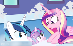 Size: 960x600 | Tagged: safe, artist:dm29, imported from derpibooru, princess cadance, princess flurry heart, shining armor, alicorn, pony, bath, bathhouse, cross-eyed, cute, family, female, flurrybetes, julian yeo is trying to murder us, male, mare, open mouth, prone, shining adorable, smiling, stallion, swimming, trio, water, window