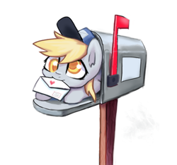 Size: 564x529 | Tagged: safe, artist:inowiseei, imported from derpibooru, derpy hooves, pegasus, pony, adorable face, chibi, colored pupils, cute, derpabetes, derpy inside a mailbox, female, hat, letter, mailbox, mailmare, mailmare hat, mare, micro, mouth hold, postman's hat, simple background, solo, white background
