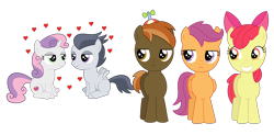 Size: 2594x1272 | Tagged: safe, artist:meandmyideas, imported from derpibooru, apple bloom, button mash, rumble, scootaloo, sweetie belle, cutie mark, cutie mark crusaders, heart, jealous, male, rumbelle, shipping, simple background, straight, the cmc's cutie marks, transparent background, varying degrees of shipping