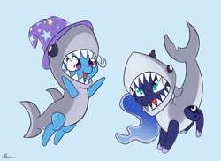 Size: 1650x1200 | Tagged: safe, artist:alasou, imported from derpibooru, princess luna, trixie, pony, shark, unicorn, blue background, chibi, clothes, costume, cute, diatrixes, duo, female, hnnng, lunabetes, mare, open mouth, shark costume, simple background, smiling, trixie's hat