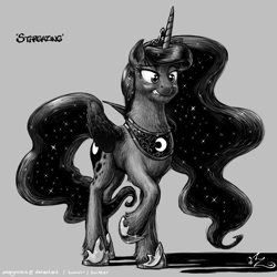 Size: 1200x1200 | Tagged: safe, artist:amarynceus, imported from derpibooru, princess luna, crown, fluffy, gray background, grayscale, grin, horseshoes, jewelry, lidded eyes, lip bite, monochrome, peytral, raised hoof, regalia, simple background, smiling, solo