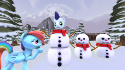 Size: 1024x576 | Tagged: safe, artist:johnnyhorse, imported from derpibooru, rainbow dash, soarin', pony, 3d, male, shipping, silly, silly pony, snowman, soarindash, source filmmaker, straight