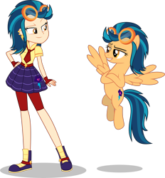 Size: 7000x7531 | Tagged: safe, artist:limedazzle, imported from derpibooru, indigo zap, pegasus, pony, equestria girls, friendship games, absurd resolution, alternate universe, clothes, duo, ear piercing, equestria girls ponified, goggles, human ponidox, piercing, ponified, self ponidox, show accurate, simple background, skirt, transparent background, vector