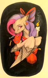 Size: 1024x1662 | Tagged: safe, artist:oneiria-fylakas, imported from derpibooru, oc, oc only, pegasus, pony, bow, candle, female, hair bow, mare, mouth hold, solo, traditional art, trick or treat