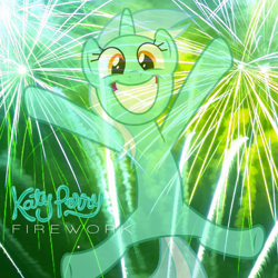 Size: 800x800 | Tagged: safe, artist:penguinsn1fan, imported from derpibooru, lyra heartstrings, pony, album, album cover, cover, female, firework (song), fireworks, irrational exuberance, katy perry, parody, smiling, solo, song reference