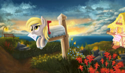 Size: 2678x1567 | Tagged: safe, artist:atlas-66, imported from derpibooru, derpy hooves, pegasus, pony, bench, cloud, cute, derpabetes, derpy inside a mailbox, female, flower, letter, mailbox, mare, mouth hold, ocean, solo, water