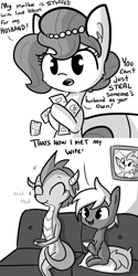 Size: 1080x2160 | Tagged: safe, artist:tjpones, imported from derpibooru, oc, oc only, oc:brownie bun, oc:dragon wife, oc:treasure trotonopolis, dragon, earth pony, pony, horse wife, comic, dialogue, dragoness, ear fluff, female, grayscale, hoof hold, husbando thief, kidnapped, love letter, male, mare, monochrome, nodding, pillow, simple background, sitting, stallion, white background