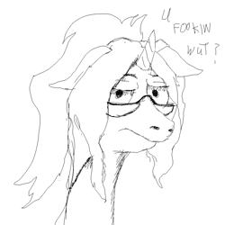 Size: 800x800 | Tagged: safe, artist:silence, imported from derpibooru, oc, oc only, pony, unicorn, exploitable meme, glasses, hair up, half moon glasses, long neck, meme, monochrome, ms paint, nope.avi, solo