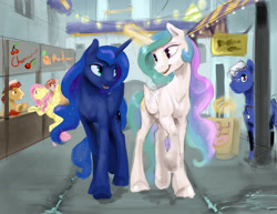 Size: 1280x989 | Tagged: safe, artist:silfoe, imported from derpibooru, fluttershy, princess celestia, princess luna, oc, oc:wind, alicorn, pegasus, pony, cute, cutelestia, female, glowing horn, lunabetes, magic, male, mare, market, marketplace, missing accessory, open mouth, royal sisters, stallion, walking