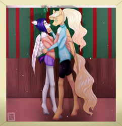 Size: 1024x1056 | Tagged: safe, artist:maria-fly, imported from derpibooru, oc, oc only, oc:el'ka, oc:mary, anthro, pegasus, unguligrade anthro, female, imminent kissing, lesbian, mistletoe