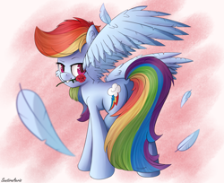 Size: 2454x2000 | Tagged: safe, artist:sentireaeris, imported from derpibooru, rainbow dash, pegasus, pony, backwards cutie mark, feather, female, flower, flower in mouth, looking at you, mouth hold, paint tool sai, perspective, romance, rose, solo, spread wings, wings