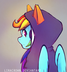 Size: 1091x1167 | Tagged: safe, artist:liracrown, imported from derpibooru, rainbow dash, pony, cat ears, clothes, female, headphones, hoodie, looking at you, looking back, solo, wings