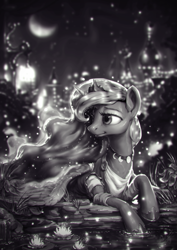 Size: 850x1200 | Tagged: safe, artist:assasinmonkey, imported from derpibooru, princess luna, alicorn, pony, beautiful, canterlot, city, clothes, crescent moon, dress, female, grayscale, jewelry, mare, monochrome, moon, necklace, night, pond, prone, scenery, solo, stars, water, waterlily