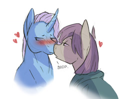 Size: 1280x1020 | Tagged: safe, artist:shellielle, deleted from derpibooru, imported from derpibooru, maud pie, trixie, pony, unicorn, blushing, boop, female, heart, lesbian, mare, mauxie, noseboop, shipping, tsundere