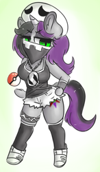 Size: 1122x1920 | Tagged: safe, artist:wickedsilly, imported from derpibooru, oc, oc only, anthro, unguligrade anthro, unicorn, anthro oc, breasts, clothes, costume, crossover, female, poké ball, pokéball, pokémon, pokémon sun and moon, shorts, solo, tanktop, team skull