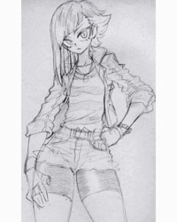 Size: 800x1000 | Tagged: safe, artist:kaikoinu, imported from derpibooru, limestone pie, human, belt, clothes, female, humanized, looking at you, sketch, solo, traditional art