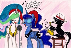 Size: 1945x1304 | Tagged: safe, artist:newyorkx3, imported from derpibooru, princess celestia, princess luna, oc, oc:tommy junior, hat, microphone, music notes, musical instrument, royal sisters, santa hat, saxophone, singing, traditional art, trio