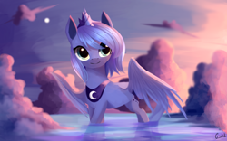Size: 2560x1600 | Tagged: dead source, safe, artist:gianghanz, imported from derpibooru, princess luna, alicorn, pony, cloud, crown, cute, female, jewelry, looking at you, lunabetes, regalia, s1 luna, smiling, solo, spread wings, water