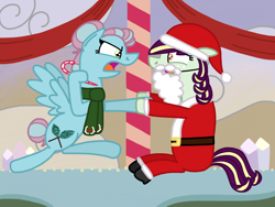 Size: 2048x1536 | Tagged: safe, artist:kindheart525, imported from derpibooru, oc, oc only, oc:pristine melody, oc:turquoise edge, kindverse, candy, candy cane, clothes, costume, food, magical lesbian spawn, offspring, open mouth, parent:applejack, parent:coloratura, parent:limestone pie, parent:zephyr breeze, parents:rarajack, parents:zephyrstone, rock farm, santa costume, scarf