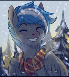 Size: 779x872 | Tagged: safe, artist:1an1, imported from derpibooru, oc, oc only, oc:cloud zapper, pegasus, pony, clothes, eyes closed, pine tree, scarf, smiling, snow, snowfall, solo, tree