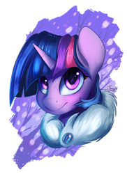 Size: 800x1100 | Tagged: safe, artist:tangomangoes, imported from derpibooru, part of a set, twilight sparkle, pony, bust, clothes, female, portrait, simple background, snow, solo, transparent background, winter, winter outfit