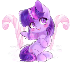 Size: 1024x889 | Tagged: safe, artist:princess-liliana, imported from derpibooru, twilight sparkle, alicorn, pony, blush sticker, blushing, candy, candy cane, christmas, cute, female, food, horn, shiny, signature, snow, solo, sparkles, starry eyes, sugar cane, tongue out, twiabetes, twilight sparkle (alicorn), wingding eyes