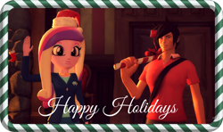 Size: 1920x1137 | Tagged: safe, artist:razethebeast, imported from derpibooru, princess cadance, equestria girls, 3d, crossover, duo, femscout, hat, looking at you, merry christmas, santa hat, smiling, source filmmaker, team fortress 2