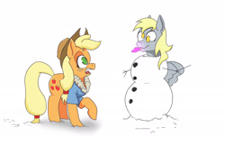 Size: 2318x1500 | Tagged: safe, artist:paleheart-arts, imported from derpibooru, applejack, derpy hooves, pegasus, pony, female, mare, simple background, snow, snowman, white background