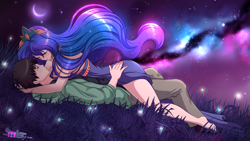 Size: 3840x2160 | Tagged: safe, artist:sugarnhoney, imported from derpibooru, princess luna, human, color porn, crossover, crossover shipping, duo, humanized, male, night, night sky, peter parker, shipping, spider-man, spiderluna, spiders and magic: rise of spider-mane, straight