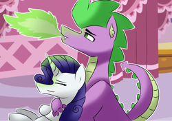 Size: 1024x722 | Tagged: safe, artist:sapphireartemis, imported from derpibooru, rarity, spike, dragon, pony, unicorn, cuddling, dragonfire, eyes closed, female, fire, fire breath, green fire, hug, lidded eyes, male, mare, older, older spike, shipping, sitting, smiling, sparity, straight