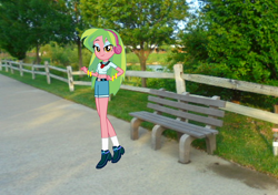 Size: 1346x950 | Tagged: safe, artist:eli-j-brony, imported from derpibooru, lemon zest, equestria girls, belly button, bench, clothes, equestria girls in real life, green, midriff, short shirt, shorts, tree