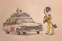 Size: 5184x3456 | Tagged: safe, artist:bumskuchen, imported from derpibooru, oc, oc only, oc:aloe, pony, zebra, 59 cadillac, absurd resolution, ambulance, cadillac, car, clothes, ecto-1, ghostbusters, request, solo, station wagon, traditional art, vehicle