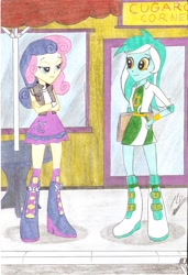 Size: 1599x2338 | Tagged: safe, artist:metaldudepl666, imported from derpibooru, bon bon, lyra heartstrings, sweetie drops, equestria girls, alternate clothes, alternate costumes, boots, clothes, duo, duo female, female, high heel boots, high heels, jacket, skirt, socks, traditional art