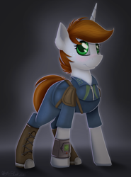 Size: 1143x1548 | Tagged: safe, artist:allyster-black, imported from derpibooru, oc, oc only, oc:littlepip, pony, unicorn, fallout equestria, clothes, fanfic, fanfic art, female, jumpsuit, mare, pipbuck, simple background, solo, vault suit