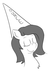 Size: 739x970 | Tagged: artist needed, source needed, safe, imported from derpibooru, oc, oc only, oc:filly anon, earth pony, pony, bust, chest fluff, dunce hat, eyes closed, female, filly, grayscale, hat, monochrome, simple background, solo, white background