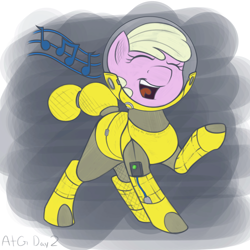 Size: 2000x2000 | Tagged: dead source, safe, artist:allyster-black, imported from derpibooru, oc, oc only, oc:puppysmiles, earth pony, pony, fallout equestria, fallout equestria: pink eyes, eyes closed, fanfic, fanfic art, female, filly, foal, hazmat suit, hooves, open mouth, singing, solo, teeth