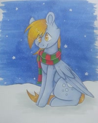 Size: 1224x1530 | Tagged: safe, artist:pinkcloudhugger, imported from derpibooru, derpy hooves, pegasus, pony, clothes, colored pupils, female, scarf, sitting, smiling, snow, snowfall, solo, traditional art, winter