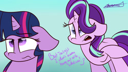 Size: 1920x1080 | Tagged: safe, artist:lynchristina, imported from derpibooru, starlight glimmer, twilight sparkle, alicorn, pony, eyeroll, floppy ears, gradient background, irony, twilight sparkle (alicorn)