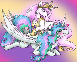 Size: 1200x966 | Tagged: safe, artist:kaemantis, imported from derpibooru, fleur-de-lis, princess celestia, alicorn, pony, unicorn, accessory swap, backbend, crown, female, femdom, femsub, fleurestia, gradient background, heart, jewelry, lesbian, mare, messy mane, peytral, regalia, shipping, sublestia, submissive