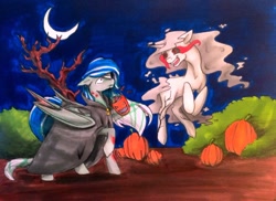 Size: 1024x747 | Tagged: safe, artist:oneiria-fylakas, imported from derpibooru, oc, oc only, bat pony, pony, unicorn, cloak, clothes, moon, nightmare night, pumpkin, traditional art, tree
