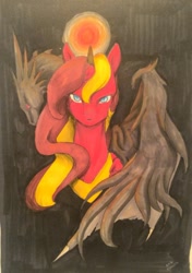 Size: 1024x1453 | Tagged: safe, artist:oneiria-fylakas, imported from derpibooru, oc, oc only, alicorn, dragon, pony, male, solo, stallion, sun, traditional art