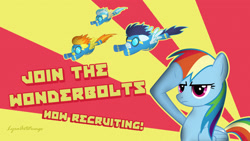 Size: 1920x1080 | Tagged: safe, artist:lyraartstrings, imported from derpibooru, misty fly, rainbow dash, soarin', spitfire, pegasus, pony, clothes, flying, propaganda, rainbow dash salutes, recruitment poster, salute, signature, sunburst background, vector, wallpaper, wonderbolts, wonderbolts uniform